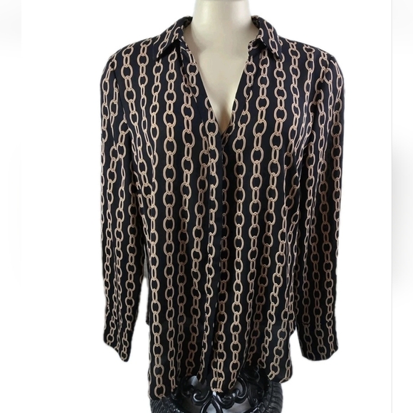Worthington Tops - Worthington Black Gold Chain Print Button-Up Blouse Shirt Size M Long Sleeve